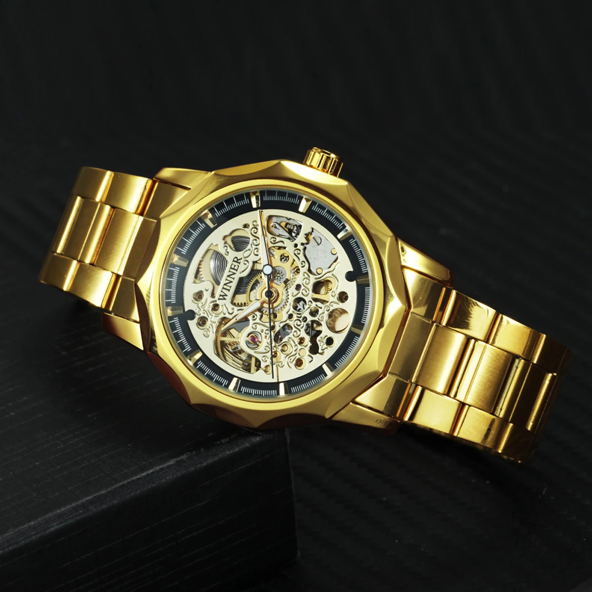 Luxury Gold Skeleton Automatic Men's Watch with Stainless Steel Strap