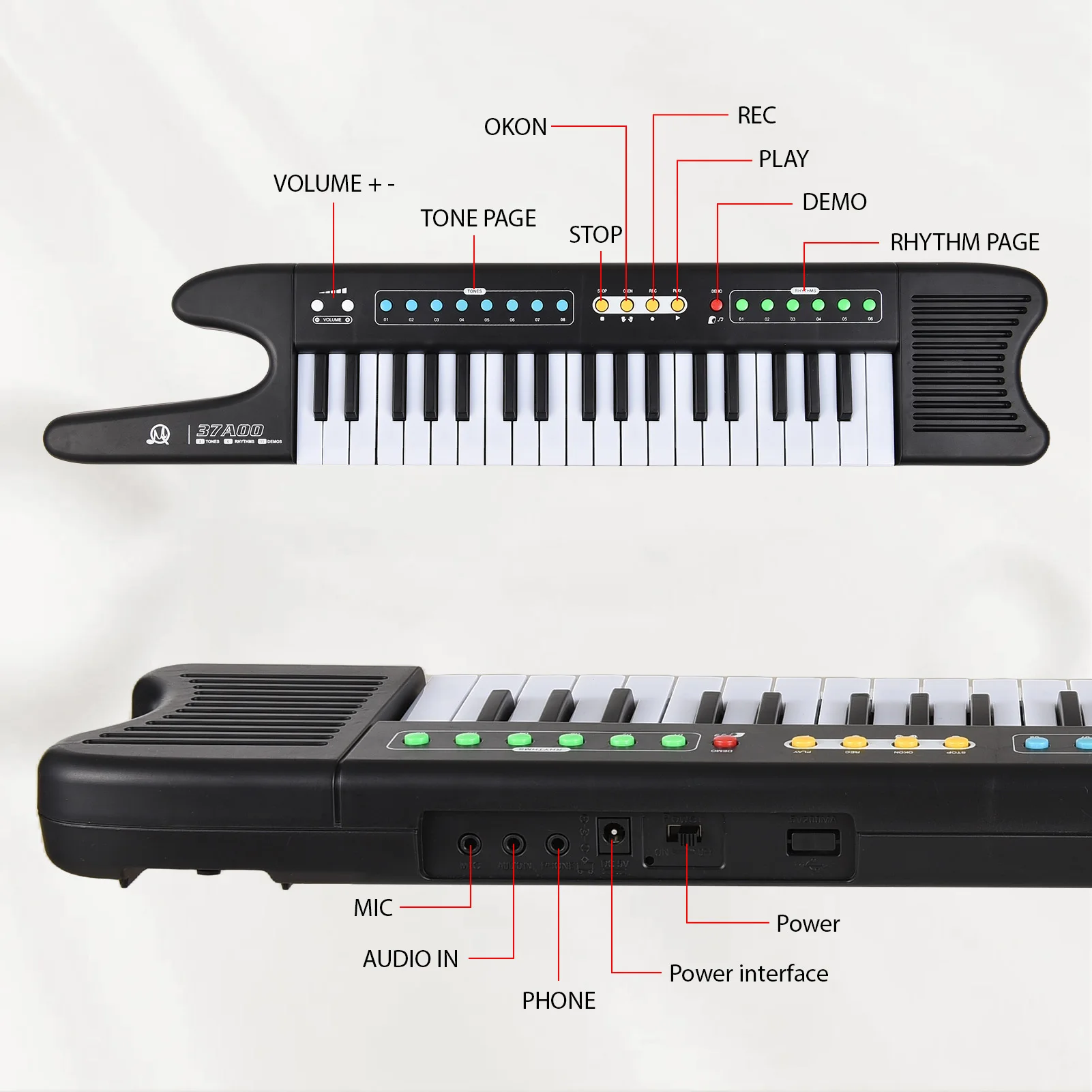 37-Key Electronic Keyboard Piano Portable Mini Electronic Organ Musical Instrument with Microphone Strap Dual Power Modes