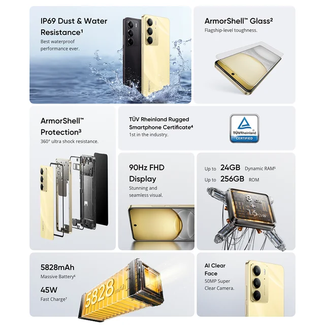 Realme-Smartphone C75, Helio G92 Max Chipset, Batterie 5828mAh, Charge 45W, Affichage 6.72 en effet 90Hz, Appareil photo 50MP, NDavid, IP69, Première mondiale 2