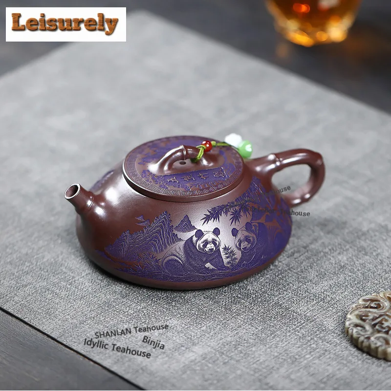 260ml Yixing Purple Clay Teapot Handmade Panda Stone Scoop Pot Raw Ore Stone Red Mud Tea Infuser Kettle With Filter Zisha Teaset