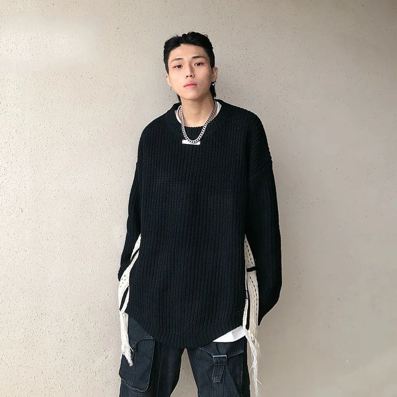 Hem Knit Hit Patchwork Autumn Winter Long Sleeve Round Neck Men Top Fashion Oversized Casual Hip Hop Clothes Japanese Streetwear