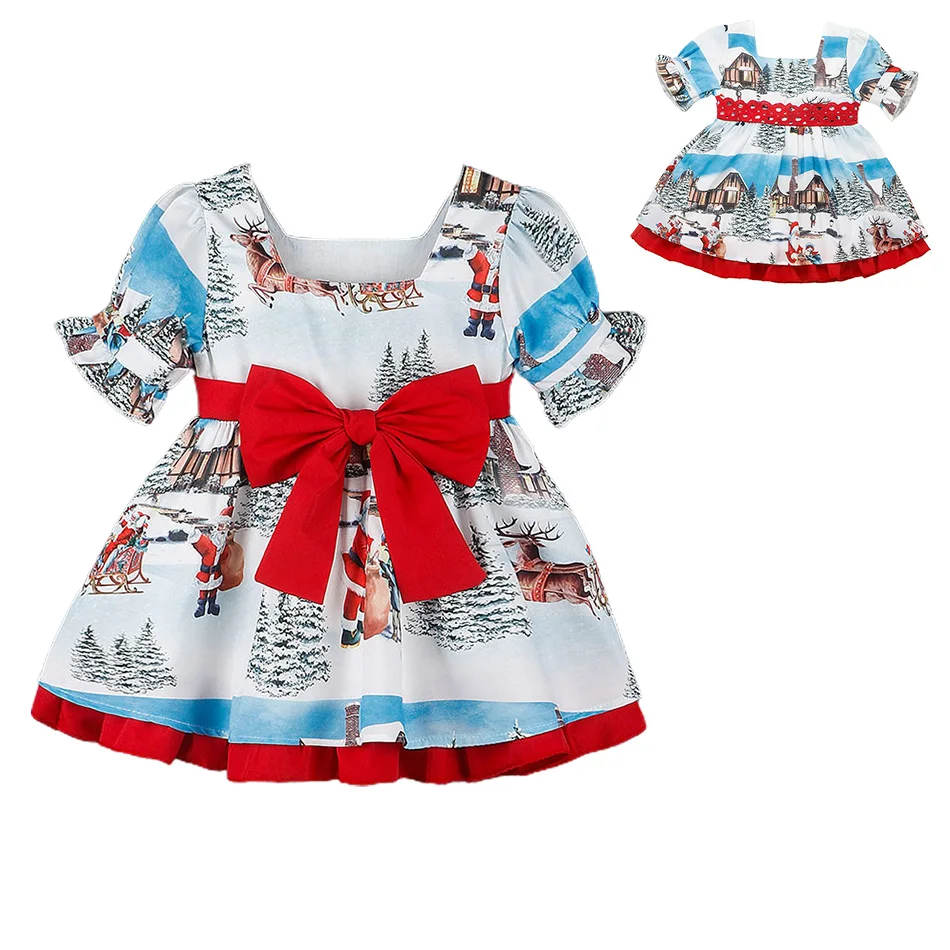 

Children's Half Sleeved Santa Claus Printed Large Bow Dress Festival Party Dress Girls' Christmas Dress Gift Children's Clothing