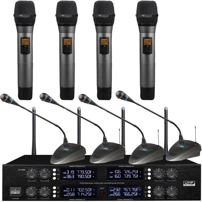 Micrófono inalámbrico de Audio profesional 8 micrófonos MiCWL 400 canales 4 cuello de cisne de escritorio 4 sistema inalámbrico de Radio de mano de Metal