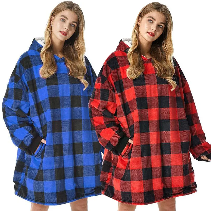 

Chessboard Winter Hooded Sweater Blanket Oversized Fleece Blanket With Sleeves Large Pocket Warm Thick TV Hoodie Robe Couple