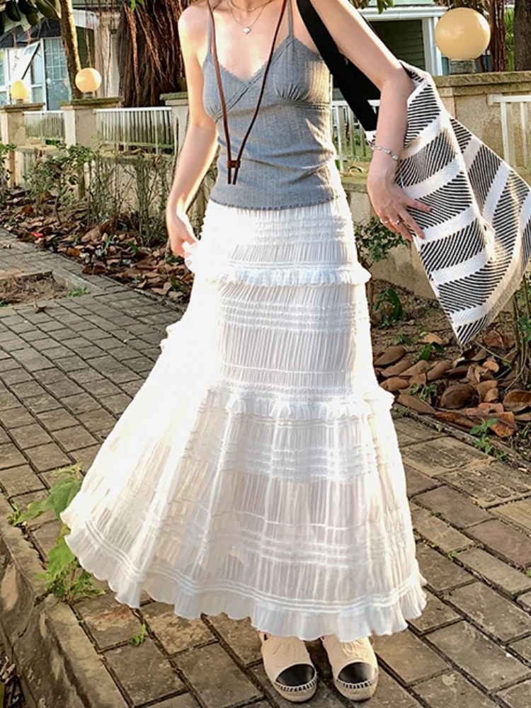 White Long Skirt Women Mesh Skirt 2024 Goth Lolita Spring Summer High Waisted High Low Ruched Lace Ruffles Pleated Skirts rok new dress for women ruched strapless prom dresses long side slit mermaid party evening gowns zipper back wedding guest