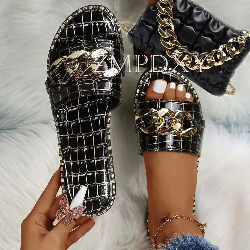 

Новое поступление, дизайнерская оптовая продажа, летняя цепочка, женские плоские тапочки и сумка в комплекте, пляжный Женский комплект из двух предметов