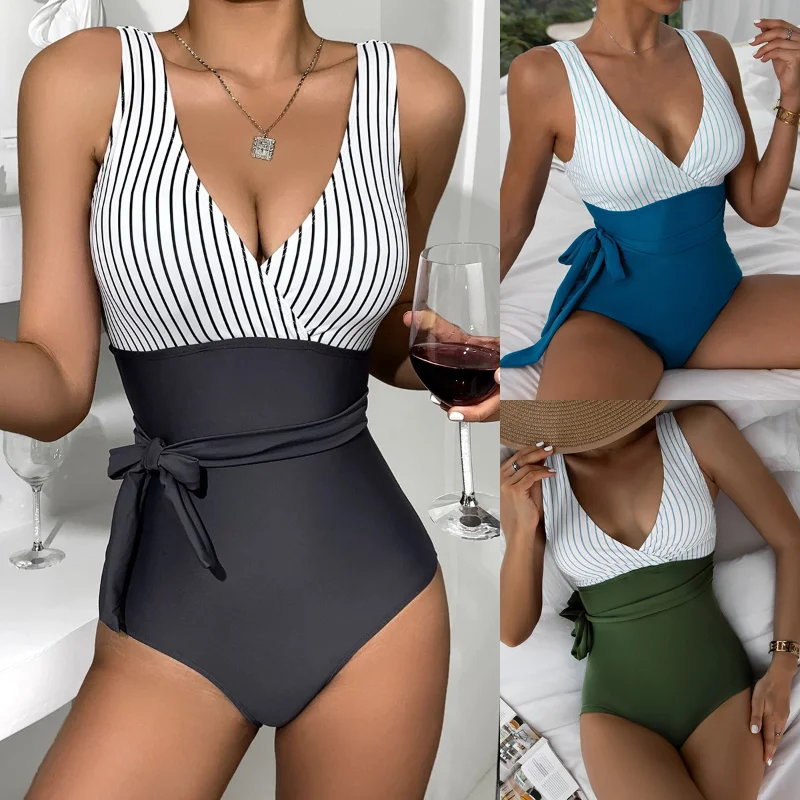 

One Piece Patchwork Stripe Swimsuit Women's High-waist Splicing Conservative Swimwear Summer Beachwear Female Cupshe