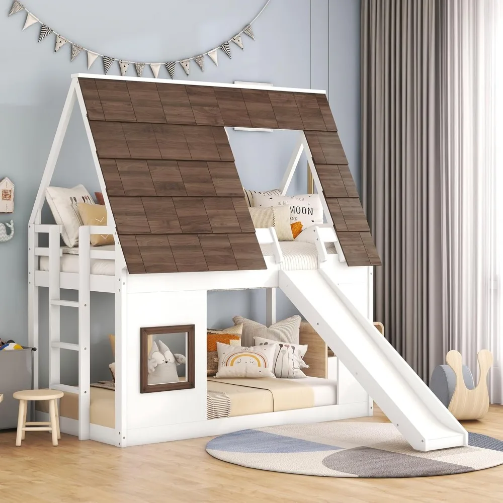 Twin Over Twin House Bunk Bed Frame with Roof,Window,Ladder and Slide for Boys Girls, White & Brown 3