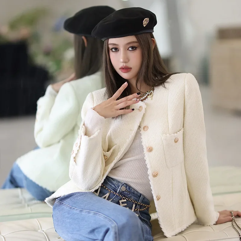 White Tweed Jacket for Women, Basic Wool Coat for Ladies, Wild