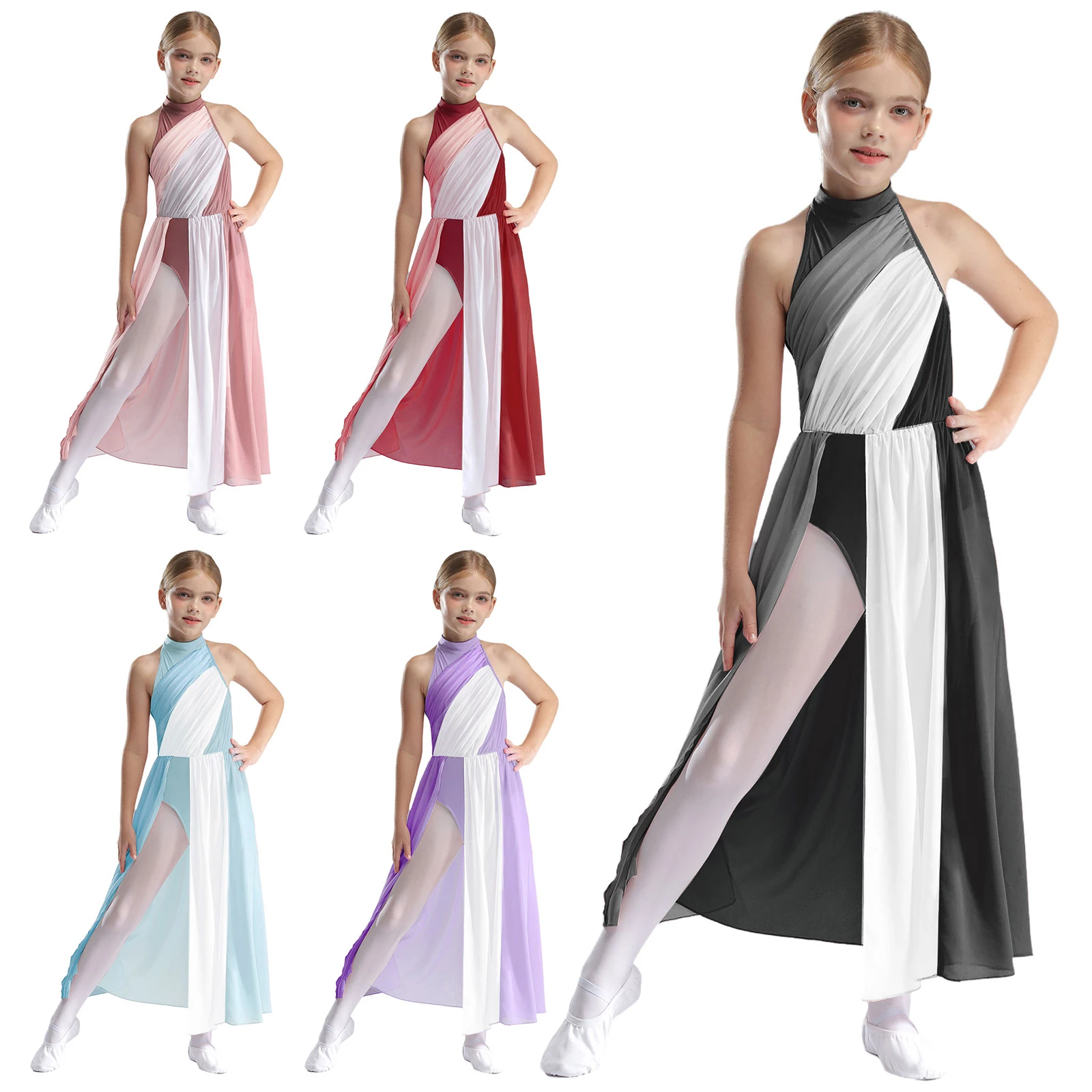 Kids Girls Dance Costume Color Block Long Maxi Ballet Split Tulle Skirt Leotard Flowy Overlay Dress ballet skirts ballet leotard dance leotard ballet dress girls dance costumes