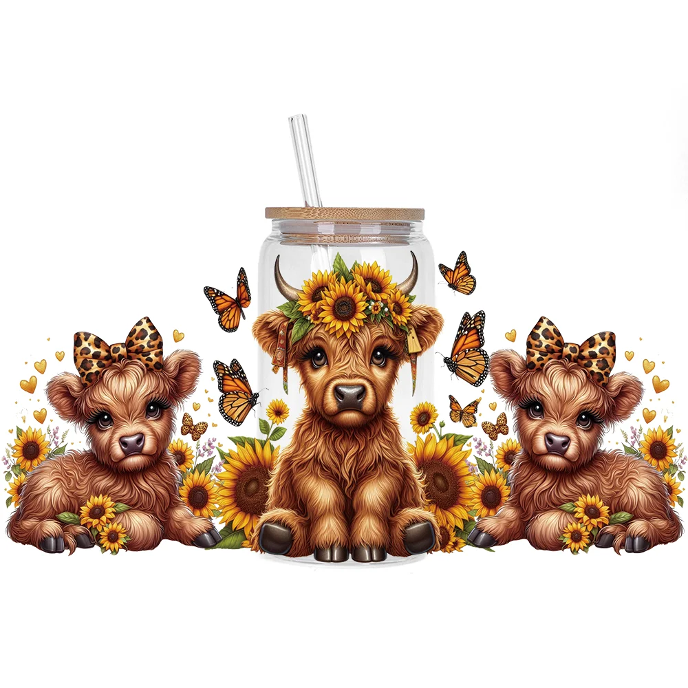 Highland cattle series Easy peel waterproof DIY Decals 3D transfers uvdtf crystal stickers 16oz uv dtf cup wraps for Glasses
