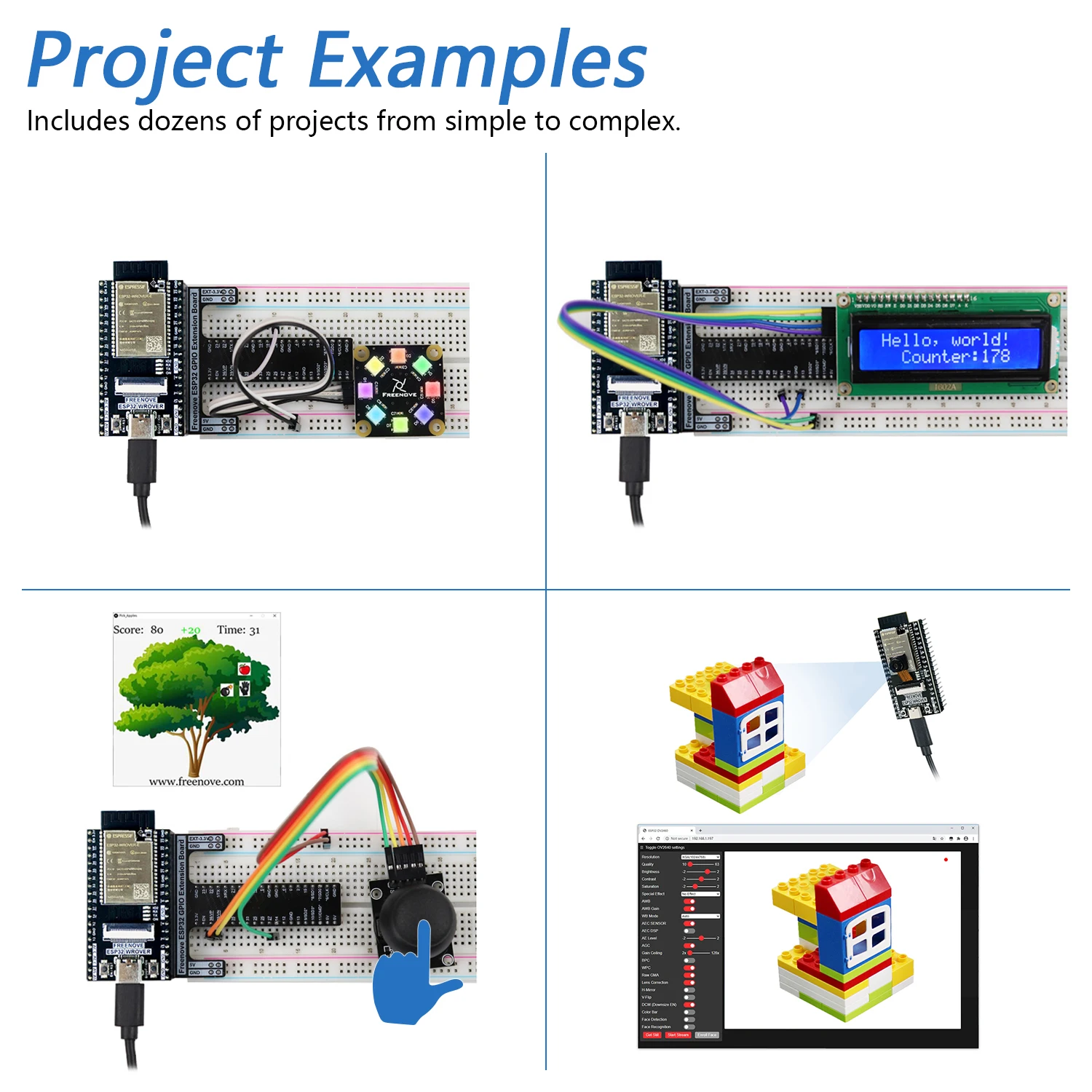Freenove ESP32 Kit Dev CAM Board Super Starter Kit, Dual-core 32-bit 240 MHz Microcontroller, Onboard Camera WiFi BT, 522-Page Detailed Tutorial, Python C Code, 78 Projects, 173 Items