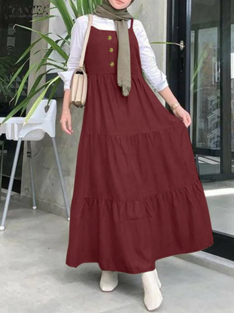 

Сарафан ZANZEA Mulsim Женский на тонких бретелях, модный летний комбинезон, платье-трапеция с оборками, женская одежда в исламском стиле