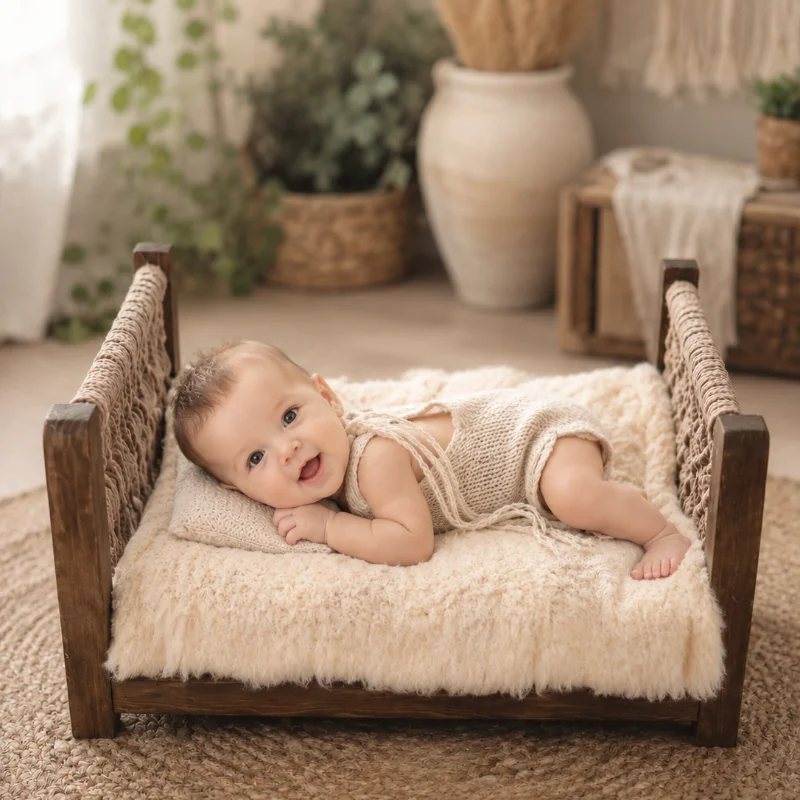 Accessori per Fotografia Neonati, Mini Letto in Legno, Arredamento per Servizi Fotografici, Letto Staccabile in Corda Intrecciata Stile Boho per Studio - immagine 3