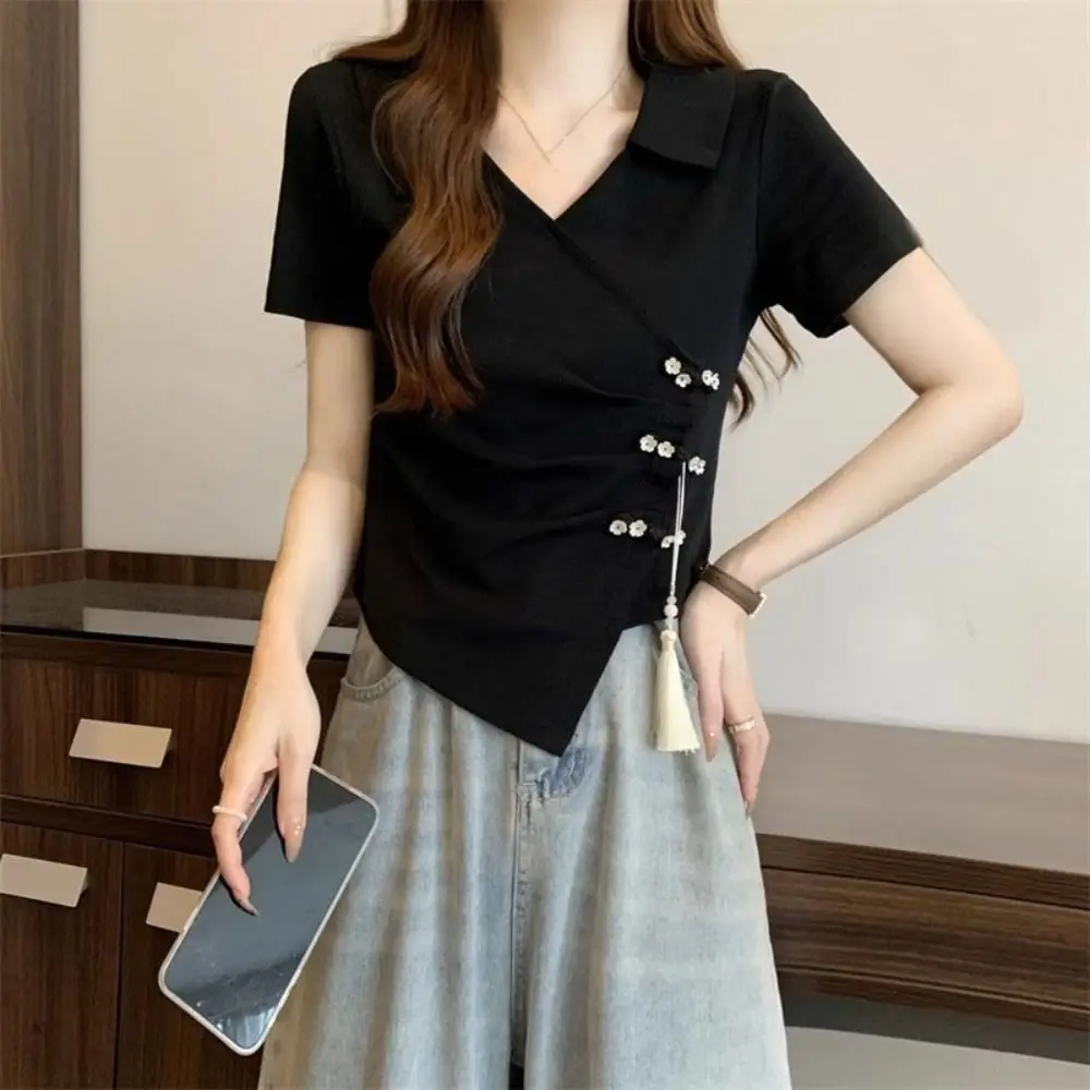 Tassel Pendant Irregular V-neck T-shirt Flower Button Lapel Women's Slim Crop Tops Chinese Style Streetwear