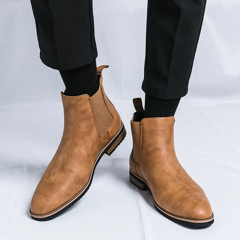 Street Style Men's Pointed Brown Black Chelsea Ankle Boots British Designer Botas Trend Casual Luxury High-tops Punk Rock Shoes