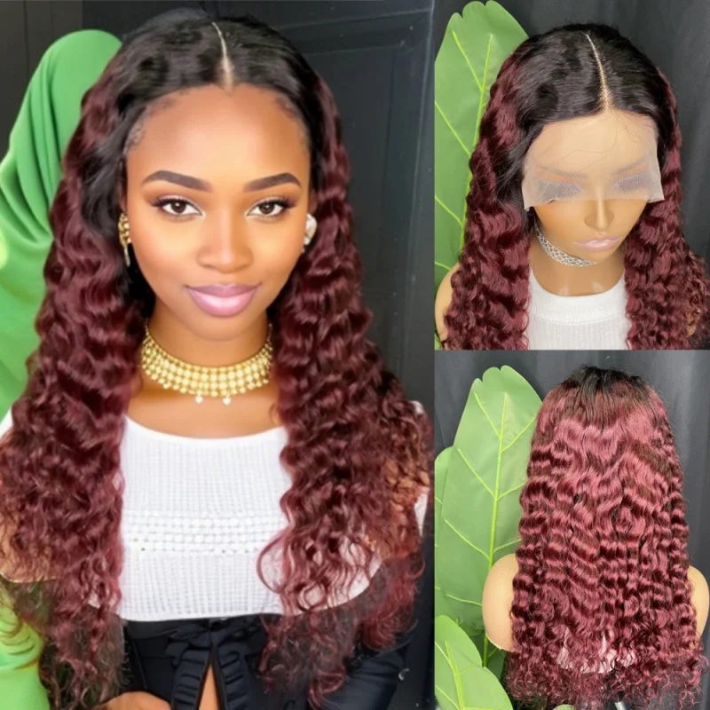 13x1 Transparent Deep Wave Lace Frontal Wig 1B Burgundy Deep Wave Human Hair Lace Front Wigs Brazilian For Women 150 Density