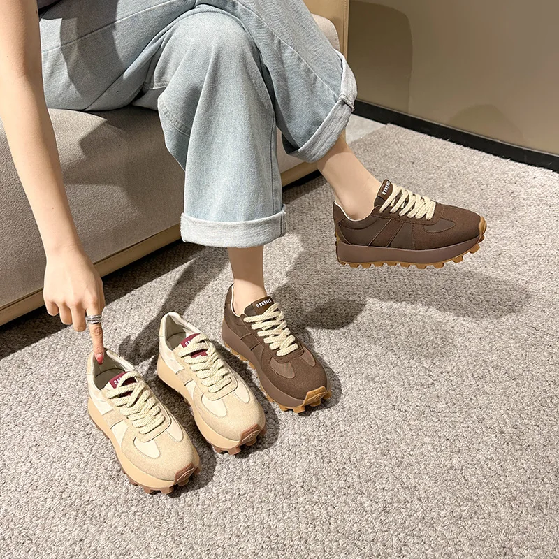 Casual Women Sneakers Suede Leather Patchwork Mixed Colors Platform Lady Shoes Round Toe Korean New Lace Up Non-slip Flat Shoes