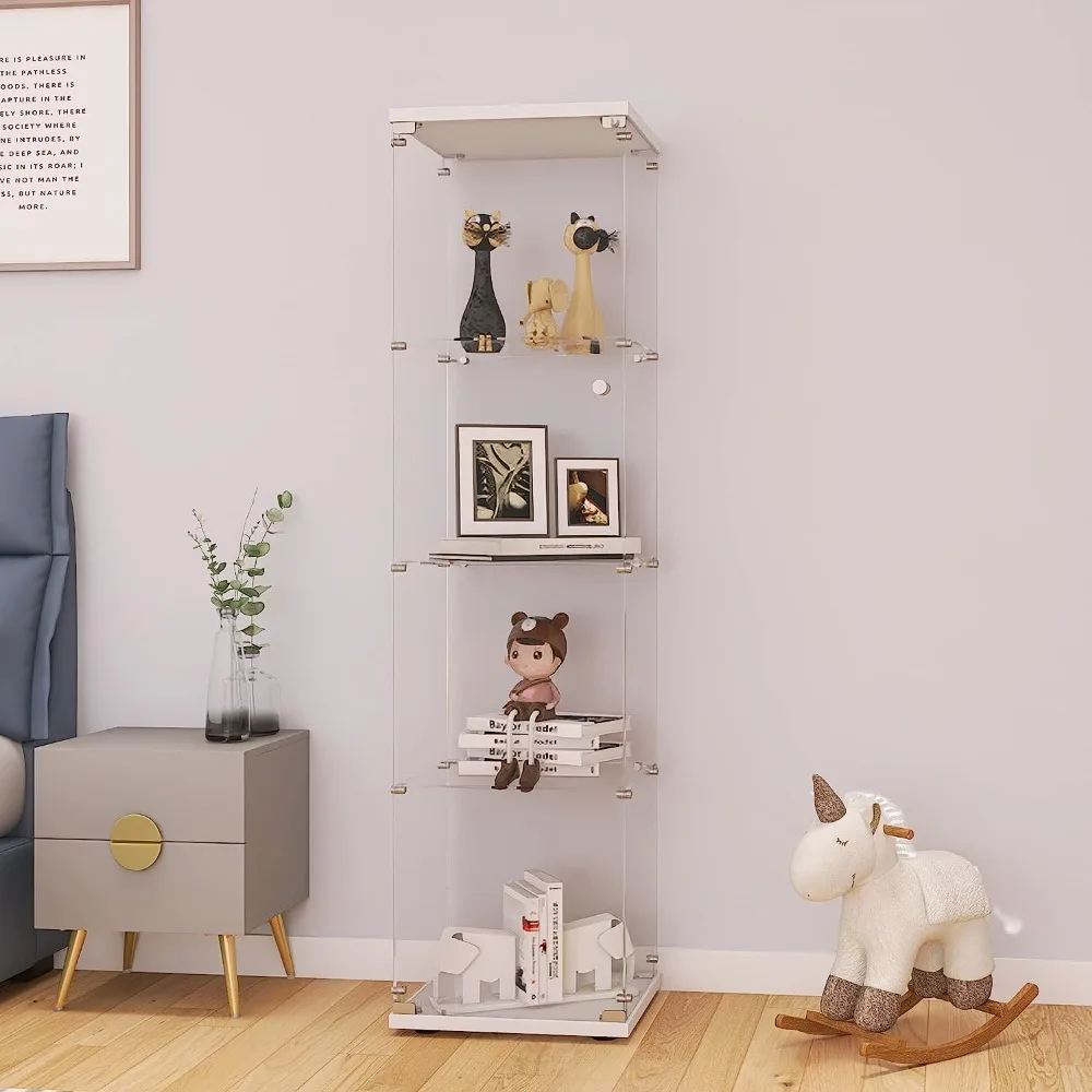 Glass Display Cabinet 4-Shelf With Door and Lock Cabinets for Living Room Furniture Living Room 64”x 17”x 14” White Showcase