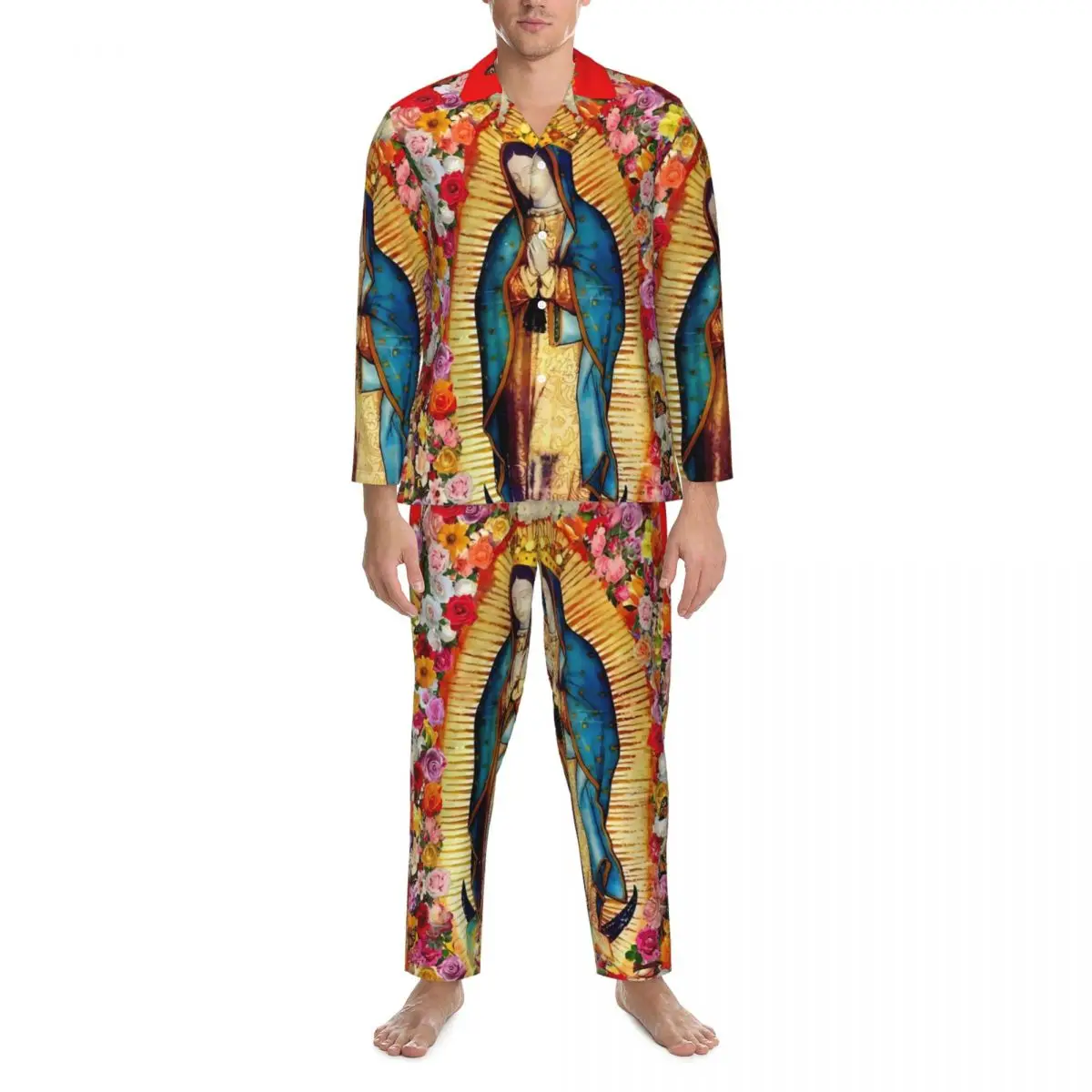 

Mexican Virgin Mary Pajamas Male Our Lady of Guadalupe Home Nightwear Autumn Two Piece Casual Loose Oversize Pattern Home Suit