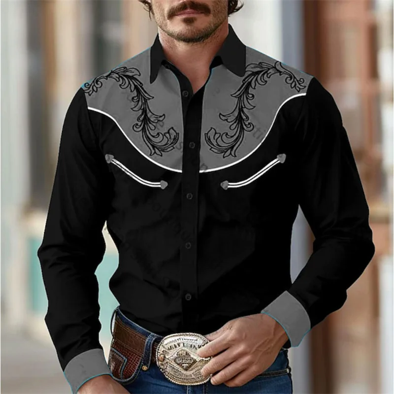 thumbnail image 1 of Camisa de hombre estilo retro occidental con estampado floral 2024, informal, para exteriores, calle, uso diario, primavera y verano, con solapa, manga larga, color negro, tallas S a 5XL, tejido elást, 1 of 4