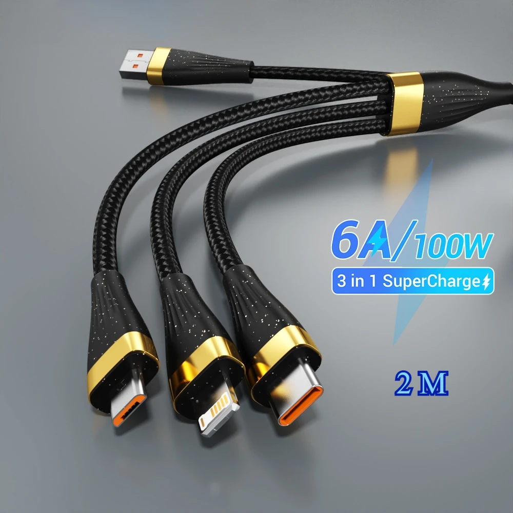 6A 100W USB C Cable 3 in 1 Fast Charging Micro USB Data Cord Phone Charger Quick Charge Cable for IPhone Oneplus Xiaomi Huawei