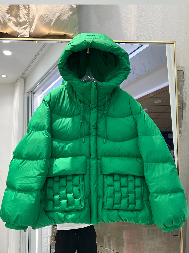 Korean style Pockets Hooded puffer jacket Women Oversized 2023 Autumn winter Fashion Long lantern sleeve down coat INKEO 3O083