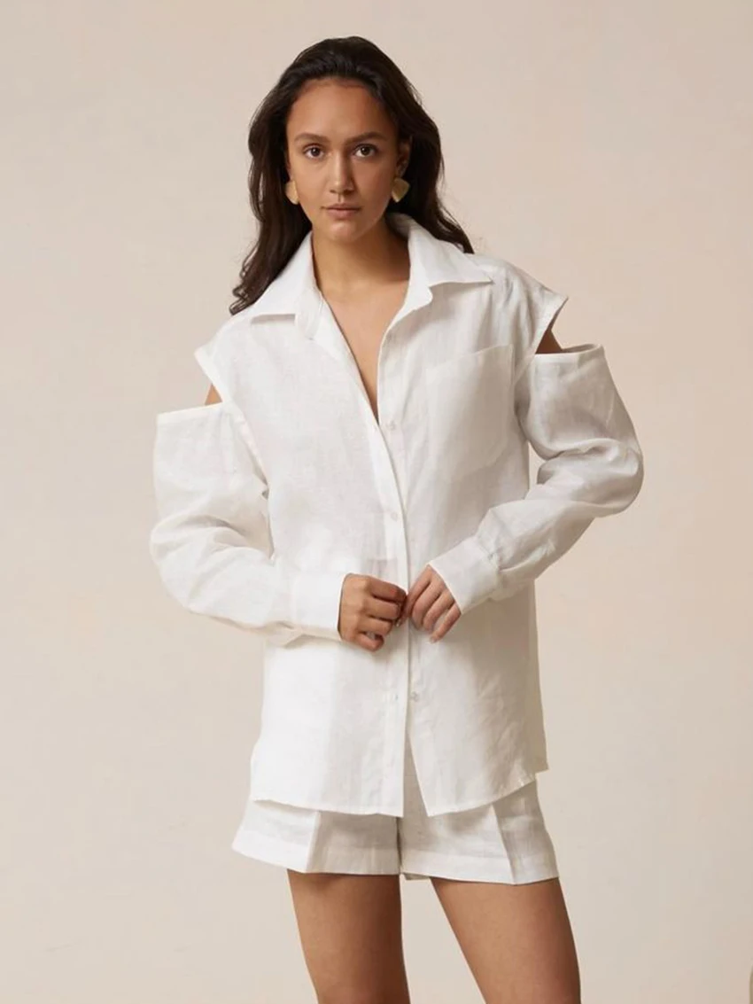 Marthaqiqi Cotton Ladies Pajama Set Turn-Down Collar Sleepwear Long Sleeve Nightwear Shorts Casual Female Nightgown 2 Piece Suit