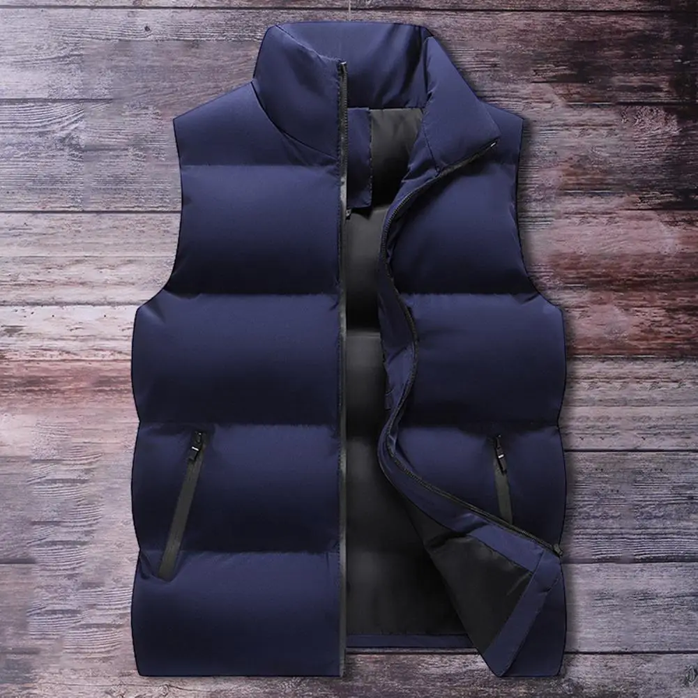 

Thick Padded Waistcoat Winter Men's Padded Waistcoat Windproof Stand Collar Vest with Zipper Pockets Stylish Outerwear for Cold