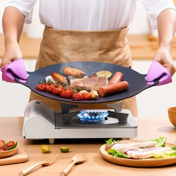 1pc Coreano BBQ grill pan Rivestimento in pietra medica Piastra rotonda da campeggio in marmo antiaderente con manico per cottura, griglia, barbecue 1