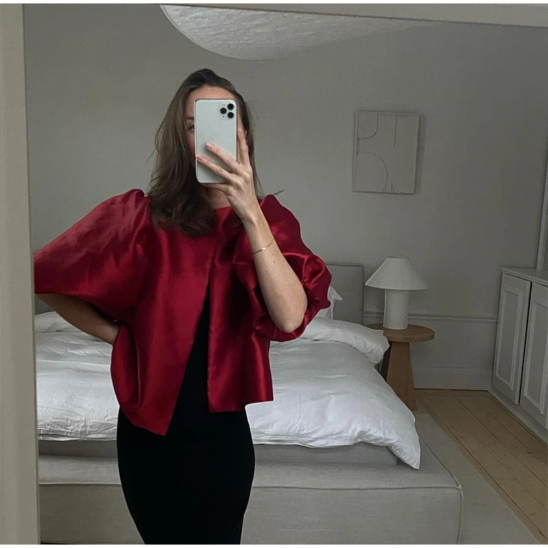 Blusas elegantes con mangas abullonadas y cuello redondo para mujer, estilo vintage, holgadas y lisas, con una sola botonadura, para verano