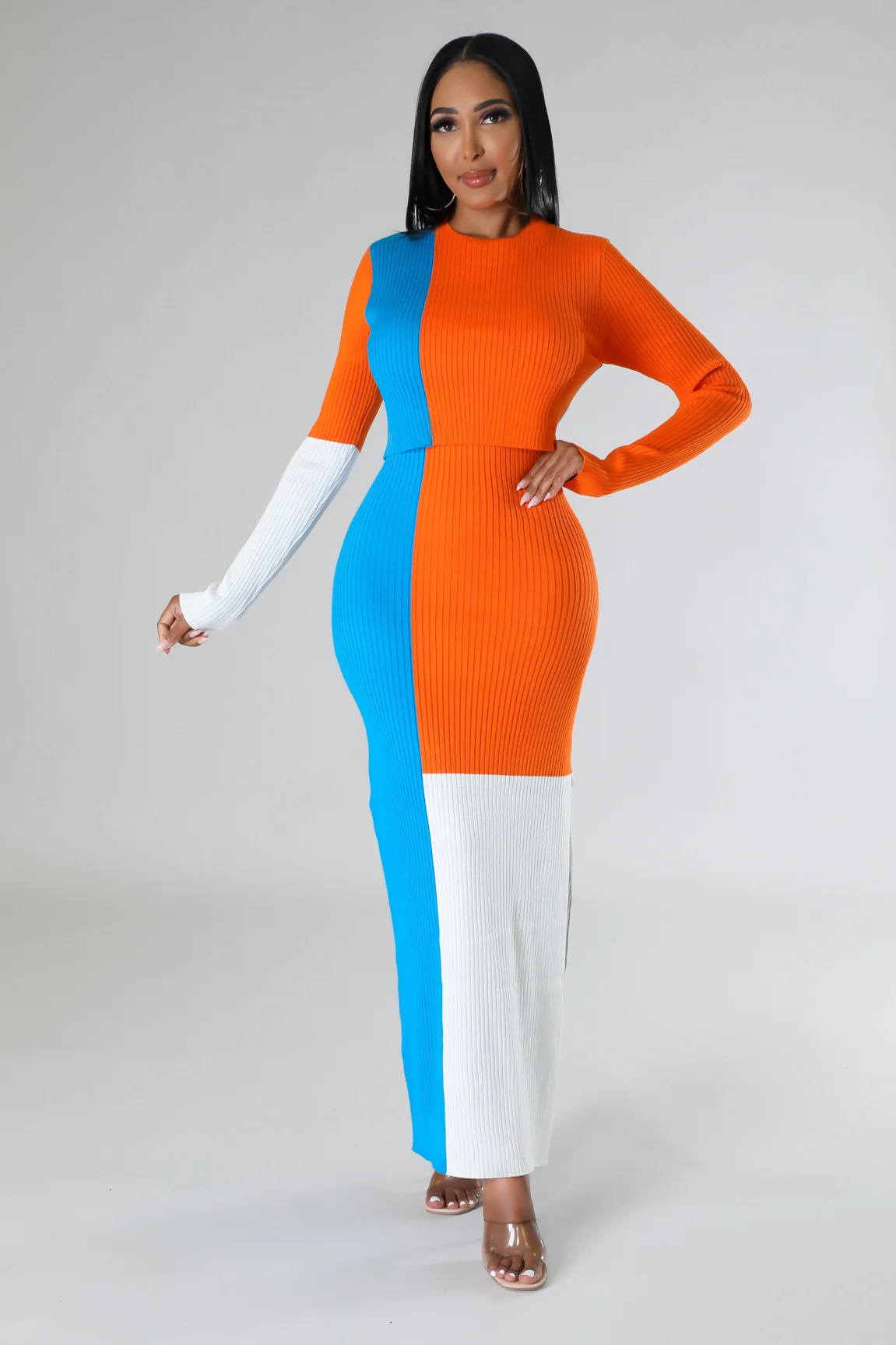 

Zoctuo Autumn Long Sleeve Sweater Clothes And Patchwork Bodycon Side Slit Skirts Fashion Knitted Two Piece Outfit For Women