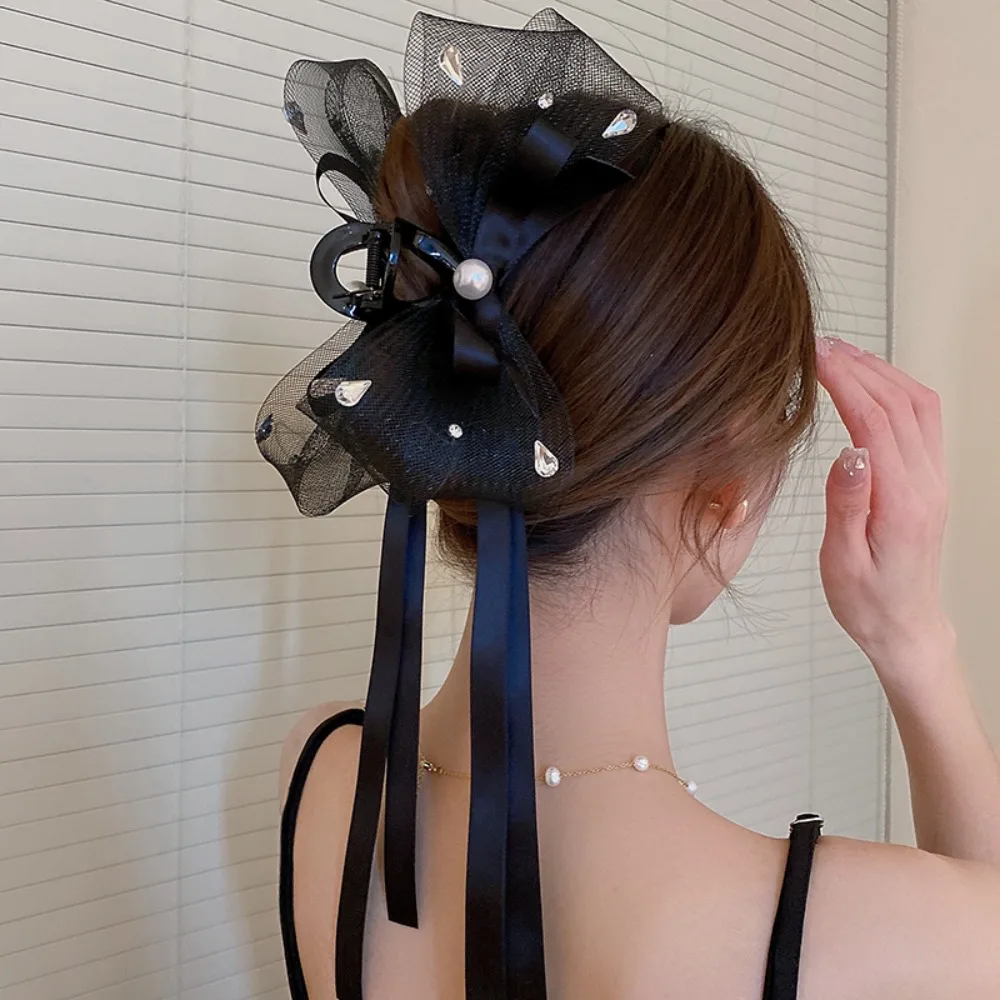 

Ribbon Bow Claw Clips Sweet Black Bowknot Tassels Korean Style Accessories Zircon Hair Clamp Headdress Accessories Wedding