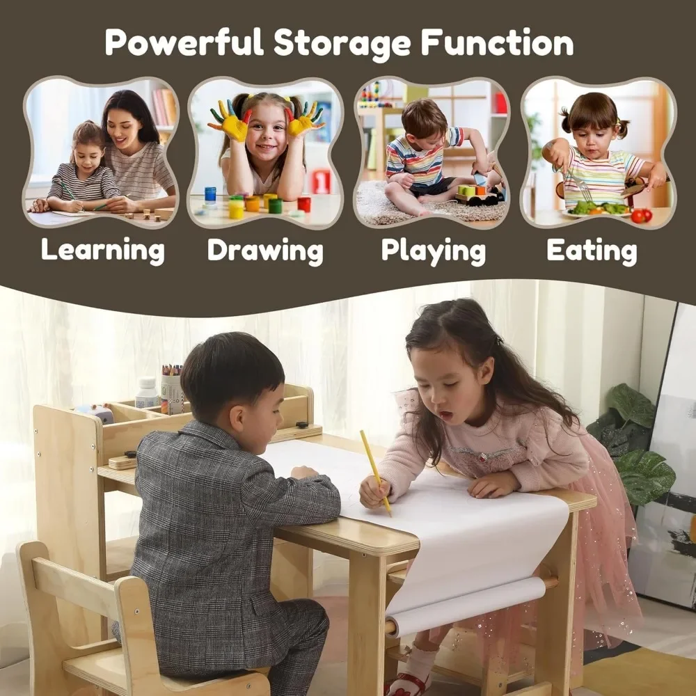 Kids Art Table and 2 Chairs Set Wooden Drawing Table with Large Storage Shelf Craft Table Toddler Activity and Study Desk 6