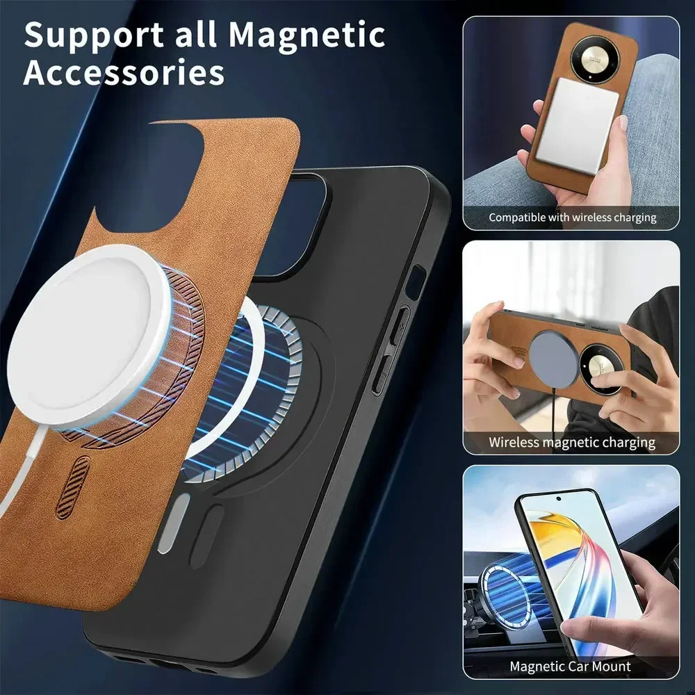 Luxury Leather Back Panel Phone Case with Magsafe Compatibility and Magnetic Cover