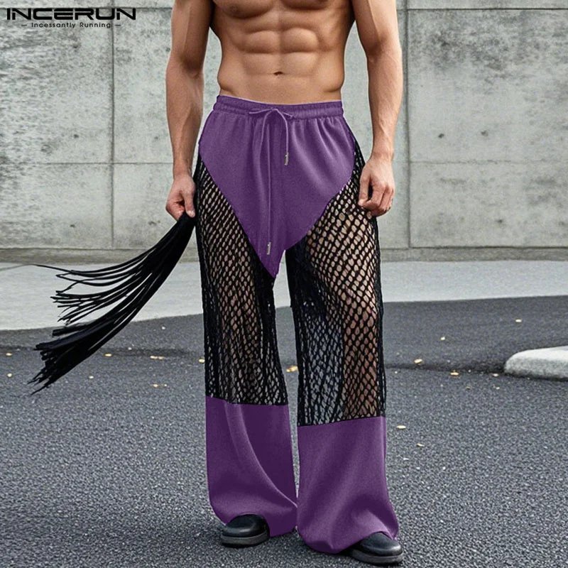 Fashion Casual Style Men's Trousers INCERUN Mesh Splicing Hollow Perspective Long Pant Streetwear Male Drawstring Pantalons 2025 2
