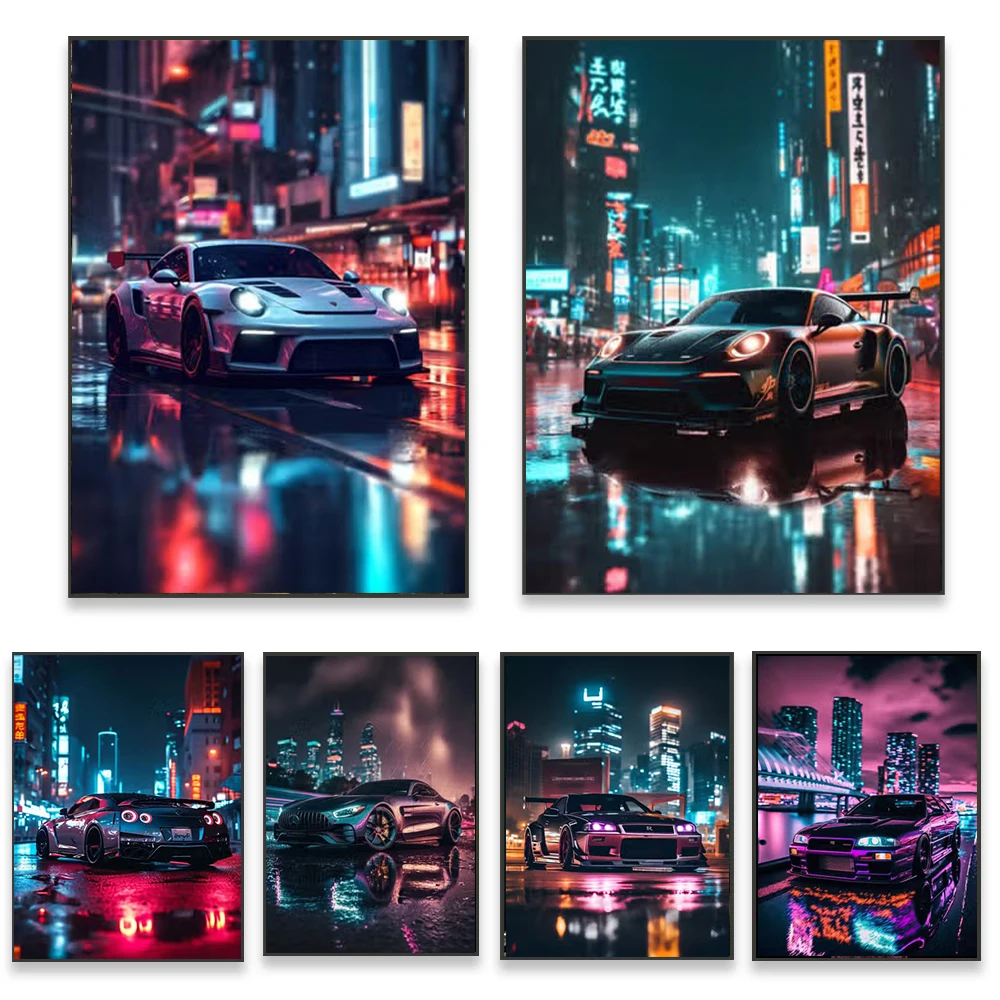 

City Night View Car Racing Canvas Paintings Wall Art for Living Room Decorative Poster Print Picture Modern Home Decor Gifts