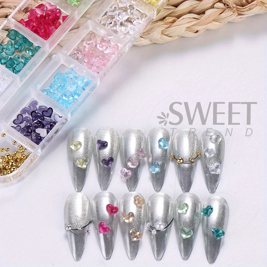 12 Gitter Herzform Nail Art Charms Transparent Liebe Herz Harz Schmuck Perle Halbe Perle Valentinstag Dekor Maniküre Strass – Detail 7