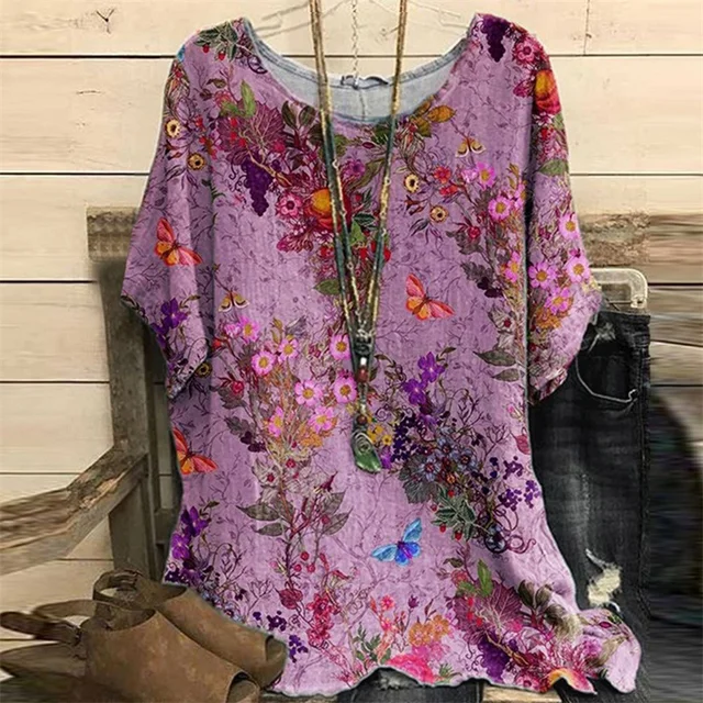 2023 New Round Collar Flower Printing Top Retro Pullover Summer Loose Short Sleeves Oversized Tee Shirt Fashion T-Shirt S-5xl