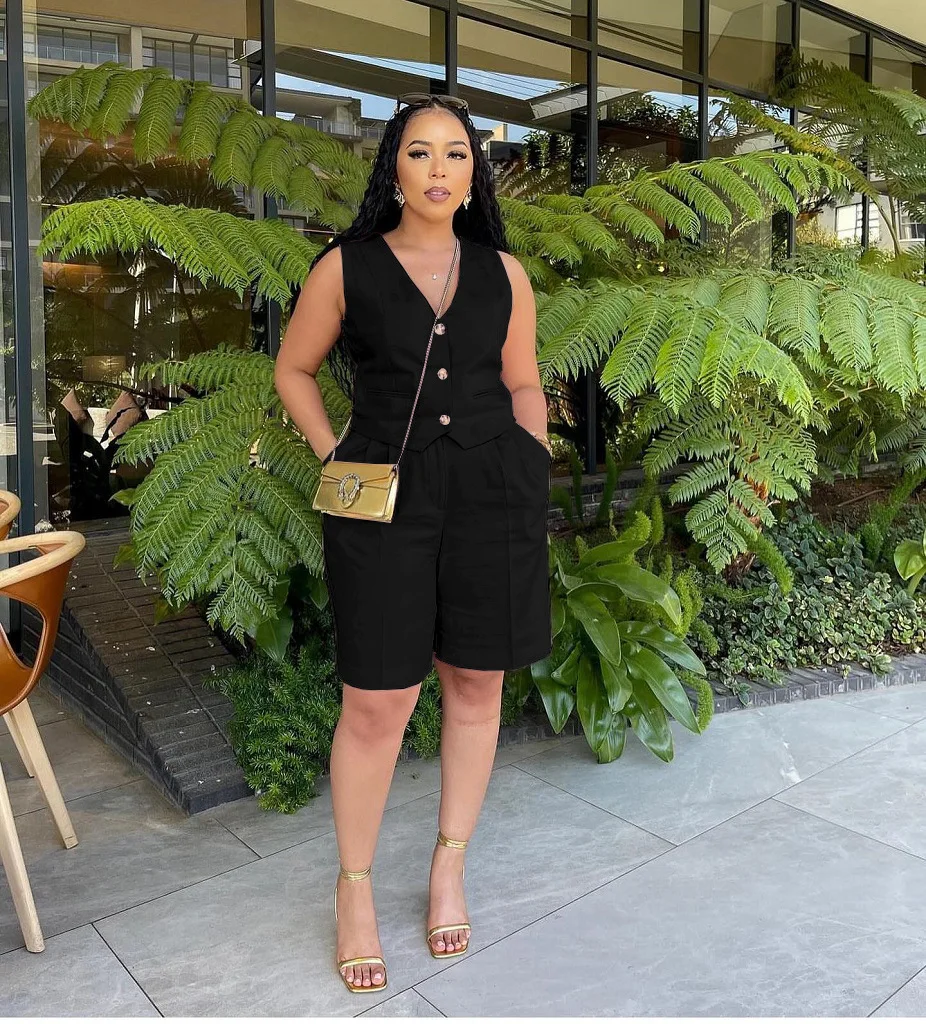 2024 New Summer Solid 2 Piece Set Women Casual Button Down Tank Tops Wide Leg Shorts Suit Two Piece Outfit Women Sets