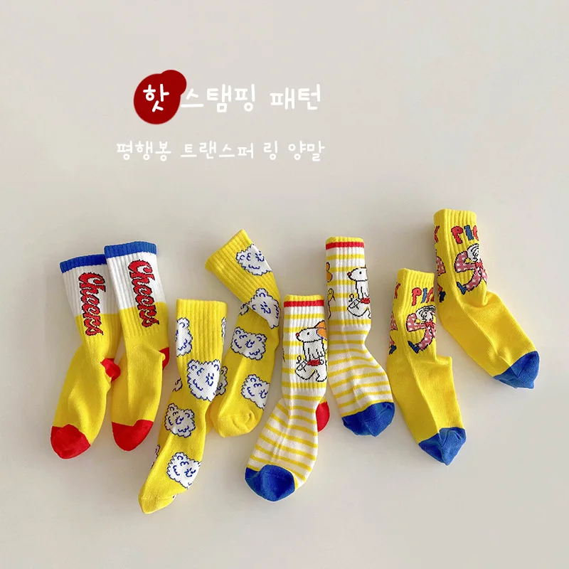 2366B Children Socks 4Pairs/Lot Wholesale 2022 Spring and Autumn Letters  Striped Baby Girl Socks Cartoon Cotton Cute Boys Socks