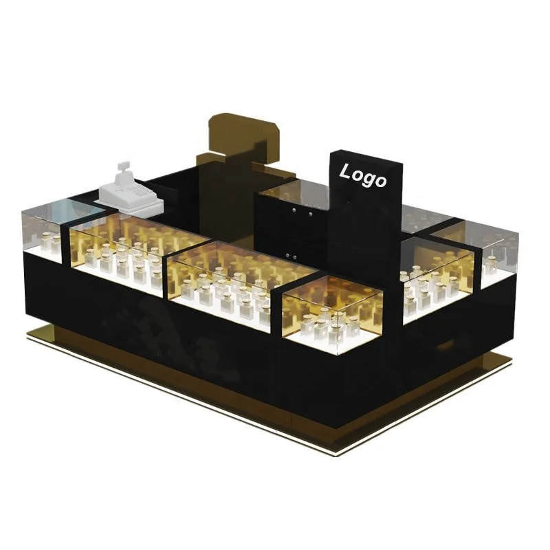 

Custom, high-end perfume kiosk showcase with light for display wooden jewelry kiosk design glass luxury mall 3D perfume Display
