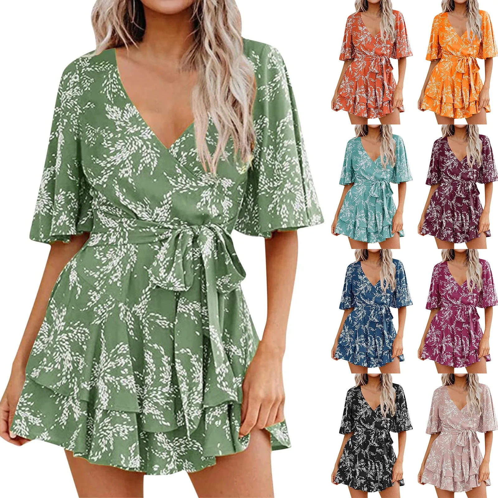 

Women's Floral V Neck Rompers Bell Sleeved Tie Waist Tiered Pleated Dress Jumpsuit Simple Printed Comfort Shirt فساتين طويلة