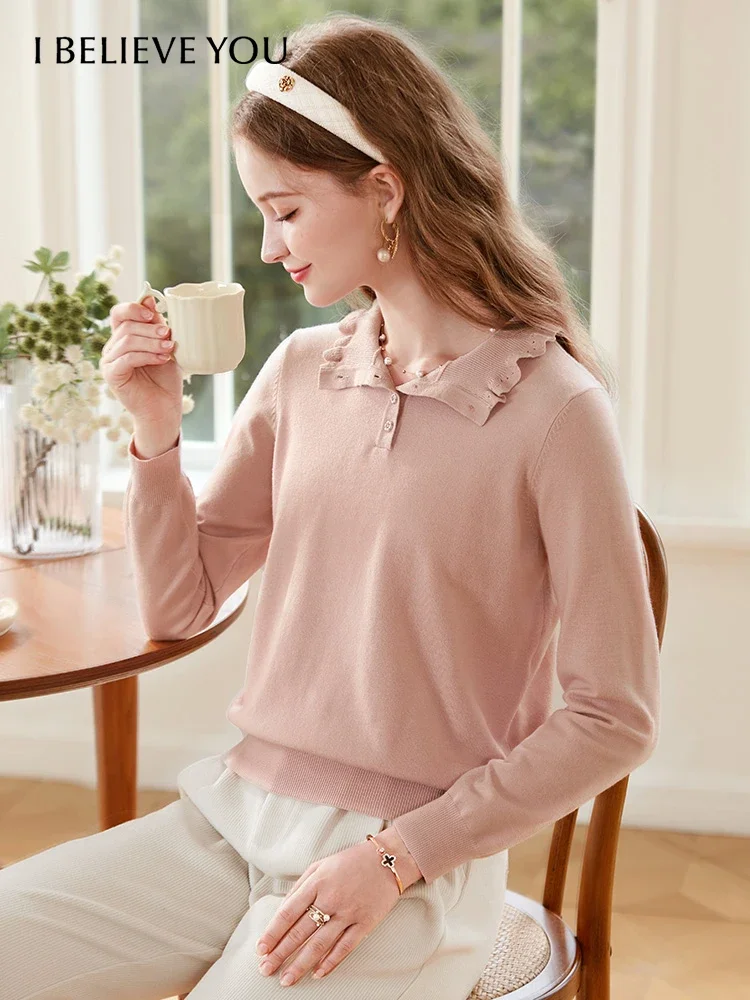 

I BELIEVE YOU Wooden Ear Side Mock Neck Sweater For Women 2023 Autumn New Polo Loose Soft Knitwears Jumper Female 224145234
