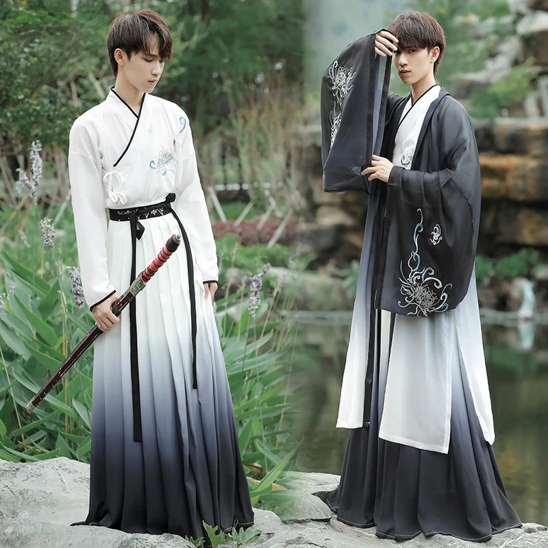 

Chinese Hanfu Men Ancient Traditional Embroidery Hanfu Folk Dress Han Dynasty Oriental Clothing Halloween Cosplay Costumes