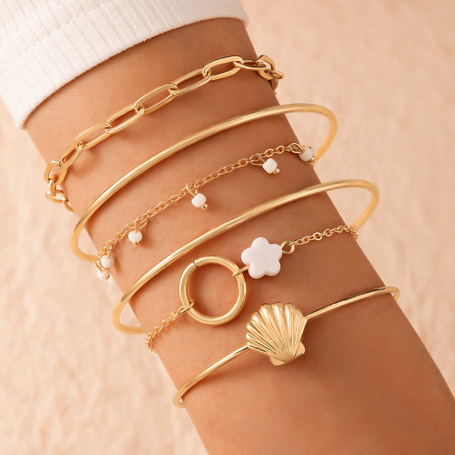 Bohemian Gold Tassel Bracelets for Women Boho Jewelry Geometric Leaves Beads Layered Hand Chain Charm Bracelet Set 9143