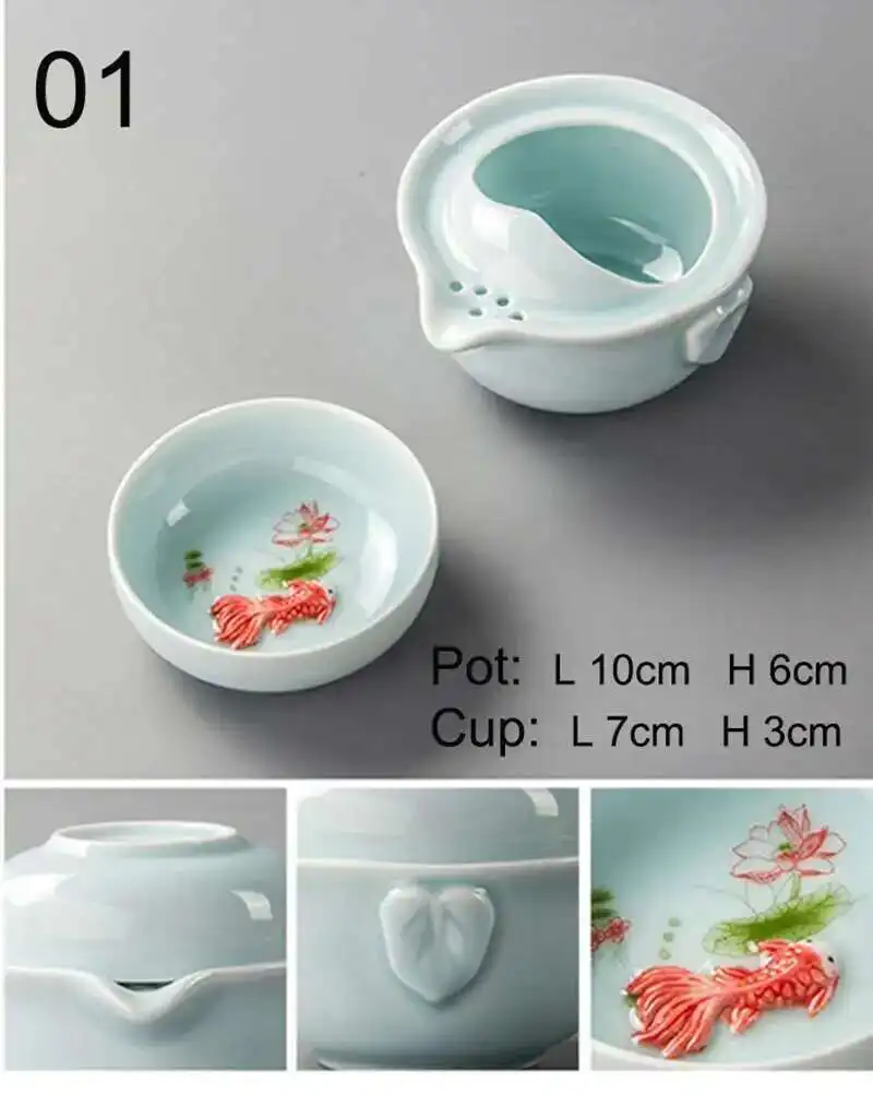 Gaiwan Tea Set celadon 3d Carp Kung Fu Tea Set Include 1 Teapot 1 Teacup Teapot Kettle