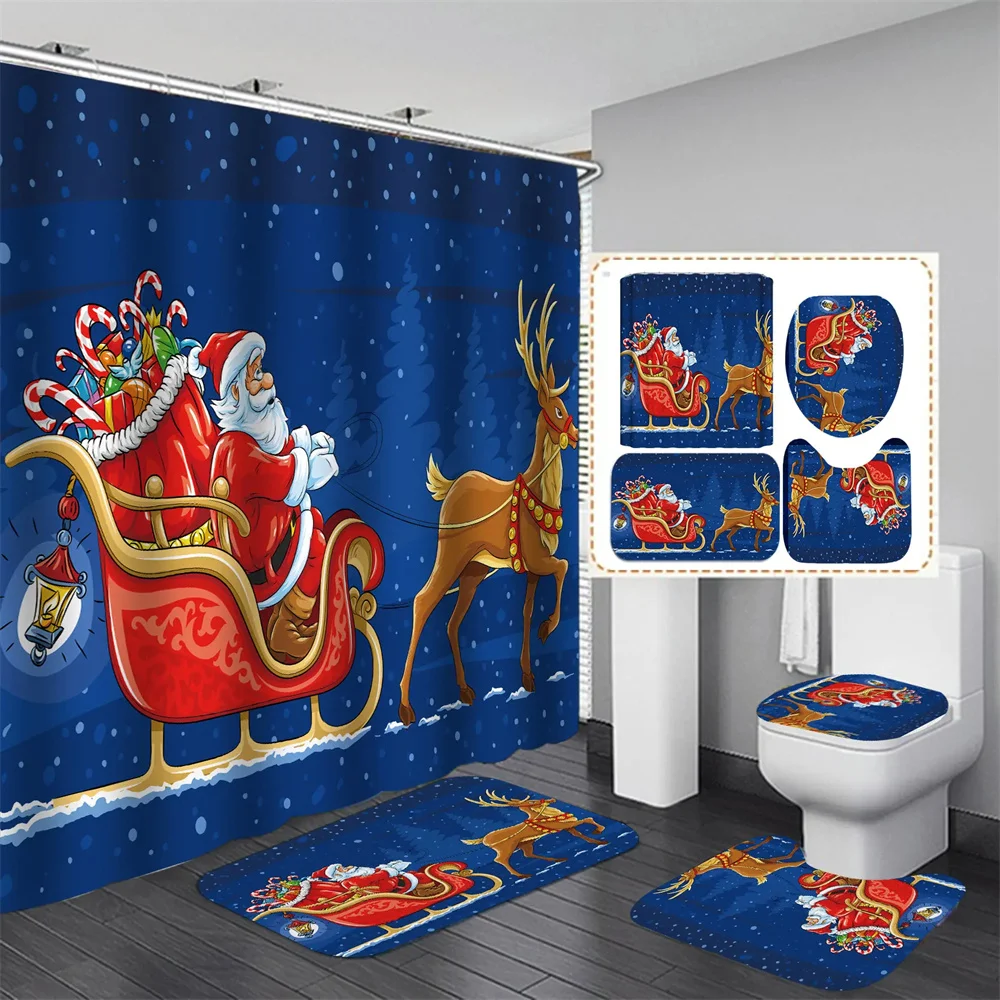 

Merry Christmas Shower Rooms Curtain Set with Toilet Cover Mat Anti-slip Rug Santa Claus Enclosure Santa Claus Cartoon Christmas