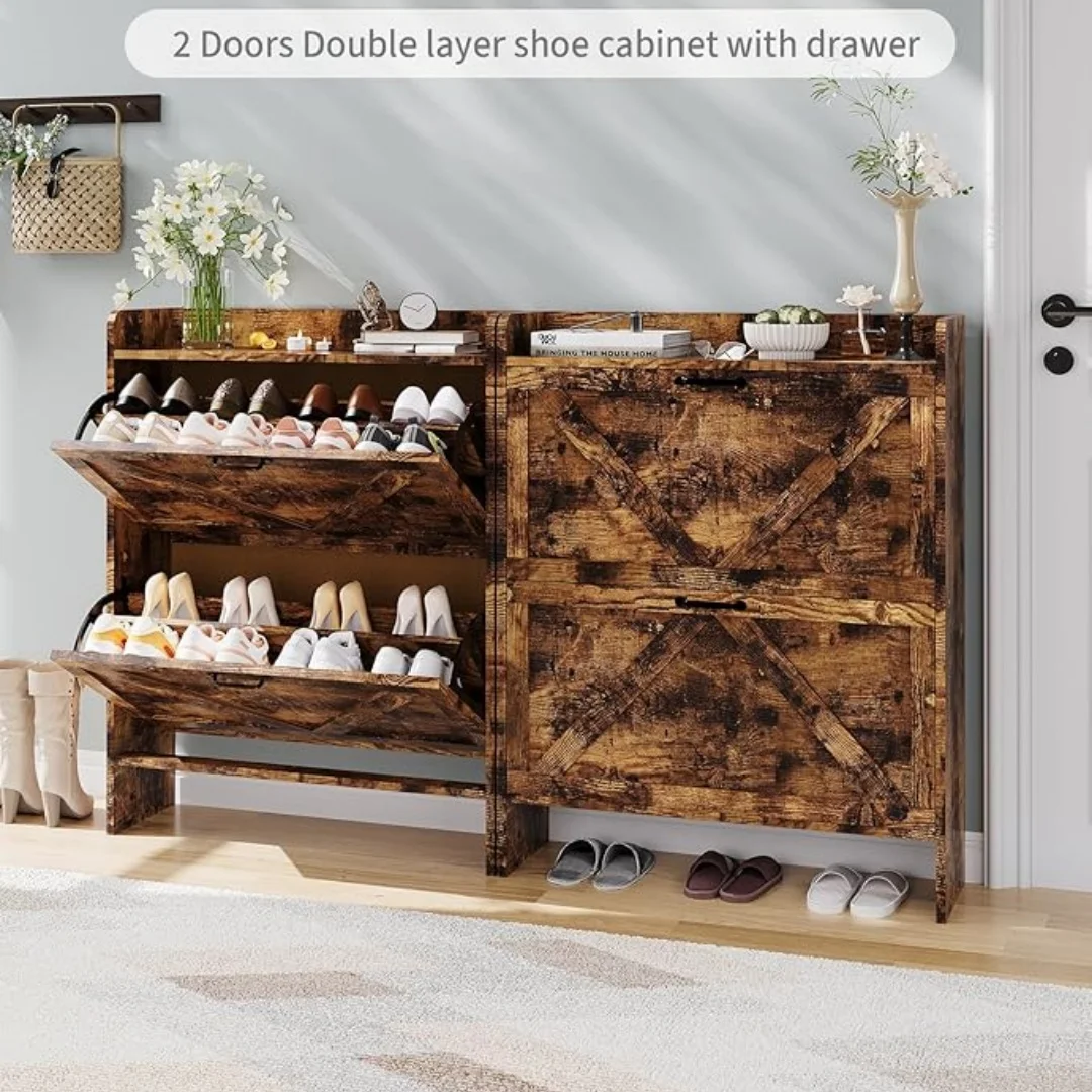 Schuhschrank mit 2 Klappschubladen, freistehender Schuh-Organizer mit Beinen für den Eingangsbereich, schlanke Schuhaufbewahrung im Bauernhaus – Detail 16