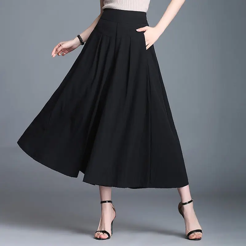 Women Clothes Korean Fashion High Waist Elegant Wide Leg Pants Summer Office Lady Solid Loose Pockets Skirt Trousers Pantalones